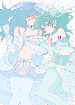 2girls aqua_bow aqua_choker aqua_eyes aqua_gloves aqua_hair aqua_thighhighs arm_tattoo blue_bow blue_choker blue_eyes blue_flower blue_gloves blue_hair blue_ribbon blue_thighhighs bow breasts bridal_gauntlets bridal_lingerie choker closed_mouth collarbone commentary elbow_gloves eyes_visible_through_hair flower frilled_choker frills garter_straps gloves green_flower hair_between_eyes hair_spread_out hand_on_another's_chest hatsune_miku highres hinomori_shizuku jewelry lingerie lock long_bangs long_hair looking_at_viewer lying mole mole_under_mouth more_more_jump!_miku multiple_girls navel number_tattoo on_back on_side overskirt padlock parted_lips pearl_thong petals project_sekai ribbon ribbon_choker ring sidelocks small_breasts smile stomach tattoo teacrown thighhighs twitter_username underwear veil vocaloid yuri