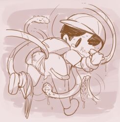 anal anus artist_request black_hair bound completely_nude cum legs male_focus moaning monster mother_(series) mother_2 ness_(mother_2) nintendo nude penis perineum rape sex shirt shorts shota super_smash_bros. tears tentacles testicles tied_up underwear yaoi