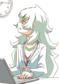 1girl blunt_bangs clock collar computer dress green_collar green_dress green_eyes green_hair green_trim highres hiyajou_maho id_card jacket_over_dress lab_coat laptop long_hair long_sleeves looking_at_object messy_hair sadarann science_adventure shirt sitting sleepy solo steins;gate steins;gate_0 thick_eyebrows very_long_hair