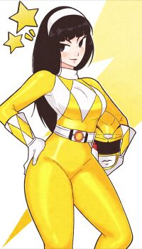 1girl absurdres belt black_eyes black_hair blunt_bangs blush bodysuit breasts closed_mouth commentary english_commentary gloves hairband hand_on_own_hip helmet highres holding holding_unworn_helmet jeff_miga long_hair looking_at_viewer looking_to_the_side mask medium_breasts mighty_morphin_power_rangers mighty_morphin_yellow_ranger multicolored_bodysuit power_rangers skin_tight smile solo standing star_(symbol) thick_thighs thighs tiger_ranger trini_kwan two-tone_bodysuit unworn_headwear unworn_helmet unworn_mask white_gloves white_hairband yellow_bodysuit