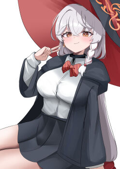 1girl black_robe black_skirt blue_archive blush bow braid closed_mouth collared_shirt eri_(blue_archive) hair_between_eyes halo hat highres jewelry long_hair long_sleeves looking_at_viewer orange_eyes orange_halo red_bow ring robe sabnak66 shirt side_braid simple_background skirt smile solo striped_bow v very_long_hair white_background white_hair white_shirt wide_sleeves witch_hat