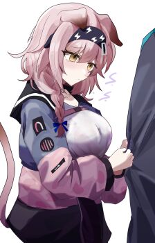 1girl absurdres animal_ears arknights blush breasts cat_ears cat_tail closed_mouth doctor_(arknights) goldenglow_(arknights) hair_ornament hairclip highres holding_another&#039;s_arm jacket large_breasts lastmatch500 open_clothes open_jacket shirt shy standing tail tears white_background white_shirt yellow_eyes