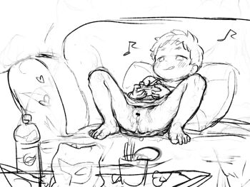 1girl aftersex bar_censor barefoot blush bottomless censored controller couch cum cum_in_pussy cumdrip feet female_focus full_body game_controller holding holding_controller holding_game_controller kurotsuki_(luowei99) loli lying m_legs monochrome musical_note on_back original pillow pussy pussy_juice reclining shirt short_hair sleeveless sleeveless_shirt solo spread_legs tank_top thighs toes very_short_hair webp-to-png_conversion