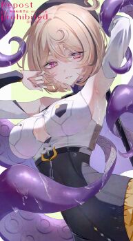 1girl absurdres armpits beret black_shorts blonde_hair breasts commentary_request hat high-waist_shorts highres jujube_2513 large_breasts monster_girl purple_eyes purple_nails shirt short_hair shorts simple_background solo tentacle_girl tentacles wet white_background white_shirt yidhari_murphy zenless_zone_zero