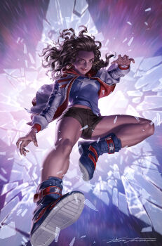 1girl america_chavez black_shorts blue_shirt blue_shoes broken_glass brown_eyes brown_hair comic_cover commentary curly_hair dark-skinned_female dark_skin earrings english_commentary floating_clothes floating_earrings floating_hair glass gold_earrings grin highres hoop_earrings incoming_attack incoming_kick jacket jewelry kicking long_hair looking_at_viewer marvel midriff_peek multicolored_jacket official_art red_jacket shirt shoes shorts signature smile solo star_(symbol) t-shirt white_jacket yoon_junggeun young_avengers