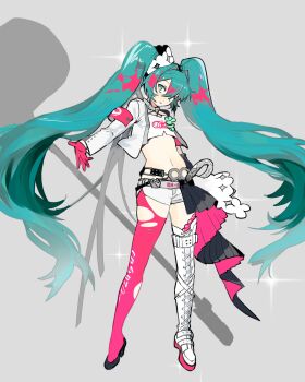 1girl aqua_eyes aqua_hair armband belt boots crop_top crown full_body gloves goodsmile_company goodsmile_racing grey_background hair_between_eyes hatsune_miku highres huan1034097 long_hair looking_at_viewer midriff navel o-ring o-ring_belt pantyhose pink_armband pink_gloves pink_pantyhose racing_miku racing_miku_(2025) shirt short_shorts shorts simple_background single_thigh_boot solo standing thigh_boots torn_clothes torn_pantyhose twintails vocaloid white_shirt white_shorts