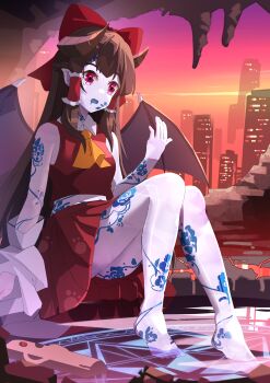 1girl absurdres arm_tattoo ascot barefoot bow brown_hair chinese_commentary colored_skin commentary_request corruption demon_girl demon_horns demon_wings detached_sleeves facial_tattoo frilled_bow frilled_hair_tubes frills hair_bow hair_tubes hakurei_reimu highres horns leg_tattoo long_hair looking_at_viewer magic_circle monsterification neck_tattoo pointy_ears purple_skin red_bow red_eyes red_skirt sdftehn single_detached_sleeve skirt skirt_set solo tattoo toes touhou very_long_hair wings yellow_ascot