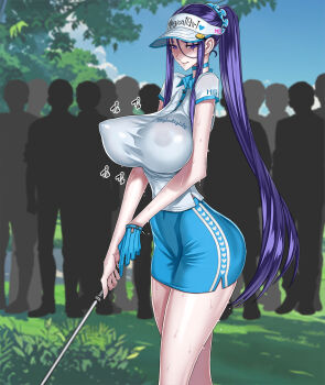 Rule 34 | 1girl, blush, breasts, choker, cloud, commentary request, covered erect nipples, day, english text, engrish text, gloves, golf, golf club, golf course, grass, highres, holding, holding golf club, honjou raita, large breasts, long hair, mahou shoujo (raita), outdoors, perky breasts, playing sports, pointy breasts, polo shirt, puffy nipples, purple eyes, purple hair, ranguage, single glove, sky, suzuhara misae, sweat, tree, very long hair, visor cap