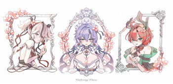 Rule 34 | 1010 (wuthering1010), 3girls, absurdres, bare shoulders, black eyes, blurry, blurry foreground, blush, breasts, camellya (wuthering waves), cantarella (wuthering waves), ciaccona (wuthering waves), cleavage, closed mouth, commentary request, copyright name, earrings, facial mark, flower, from side, gold earrings, green eyes, hair between eyes, hair flower, hair ornament, hair ribbon, hair vines, hand up, hands up, headdress, highres, holding, holding petal, horns, huge breasts, jewelry, light blush, long hair, looking at viewer, mark under eye, medium breasts, mole, mole under eye, multiple girls, open mouth, parted lips, partial commentary, petals, pink petals, pointy ears, purple hair, red ribbon, ribbon, short hair, short twintails, shrug (clothing), small breasts, smile, tacet mark (wuthering waves), tree horns, turning head, twintails, upper body, white hair, white shrug, wuthering waves