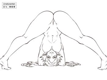 Rule 34 | 1girl, abs, all fours, artist name, ass, bleach, breasts, commentary, completely nude, english commentary, from behind, grin, hanging breasts, large breasts, legs apart, linea alba, lineart, long hair, looking at viewer, monochrome, navel, nekoranten, nude, pussy, shihouin yoruichi, smile, solo