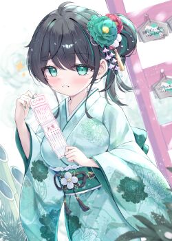 1girl ahoge aqua_flower aqua_rose black_hair breasts commentary_request flower green_eyes green_hair green_kimono green_streaks hair_flower hair_ornament highres japanese_clothes kimono large_breasts long_hair looking_at_viewer mikaze_oto misuzu_(mikaze_oto) multicolored_hair obi original rose sash solo streaked_hair two-tone_hair