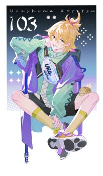 1boy arm_behind_head blonde_hair blue_eyes border character_name crossed_ankles fanny_pack hair_between_eyes highres looking_at_viewer male_focus ncww_rinichi open_mouth ponytail purple_ribbon ribbon sitting socks solo touken_ranbu turtle urashima_kotetsu white_border yellow_socks