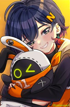 1girl ahoge amaimi belle_(zenless_zone_zero) blue_hair earrings eous_(zenless_zone_zero) fingerless_gloves gloves green_eyes hair_ornament jewelry letter_hair_ornament long_sleeves looking_at_viewer medium_hair orange_background orange_gloves robot shirt simple_background single_earring smile teeth turtleneck zenless_zone_zero