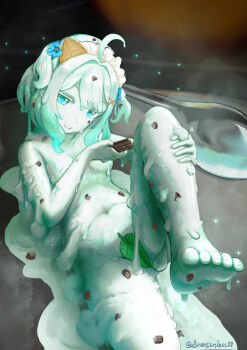 1girl blue_eyes breasts chocolate convenient_censoring dimensionless88 feet food highres ice_cream indie_virtual_youtuber looking_at_viewer mint mint_chocolate mint_fantome mint_fantome_(otaku) monster_girl short_hair slime_(substance) slime_girl small_breasts solo