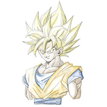 1boy 1rasutotoukou absurdres blonde_hair blue_sash blue_shirt dougi dragon_ball dragonball_z green_eyes highres medium_hair muscular muscular_male orange_shirt sash shirt simple_background smirk solo son_goku spiked_hair super_saiyan super_saiyan_1 white_background