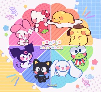 :d absurdres animal_hood artist_name black_eyes black_hood black_skin blush bow brown_hat cat character_request chibikemo cinnamoroll color_wheel_challenge colored_skin commentary copyright_name demon_tail english_commentary food fruit fuwa_fuwa_cinnamoroll green_skin halftone hasunoue_keroppi hat hello_kitty hello_kitty_(character) highres hood hood_up kero_kero_keroppi kuromi looking_at_viewer multiple_drawing_challenge my_melody no_humans onegai_my_melody open_mouth pink_hood red_bow sanrio simple_background skull_print smile strawberry tail white_skin yanana_ua yellow_skin