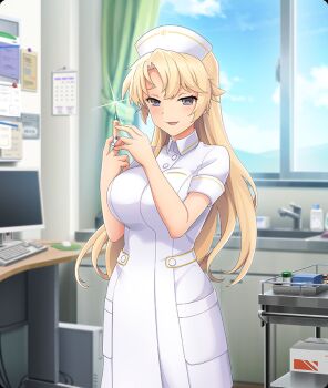 1girl blonde_hair blue_eyes blue_sky bottle box breasts buttons cloud computer computer_keyboard computer_mouse cowboy_shot day dress faucet game_cg glint hands_up hard_drive hat holding holding_syringe indoors kohagura_ellen large_breasts long_hair looking_at_viewer monitor nurse nurse_cap official_art open_mouth pushcart short_sleeves sink sky smile solo syringe third-party_source toji_no_miko toji_no_miko:_kizamishi_issen_no_tomoshibi white_dress white_hat window
