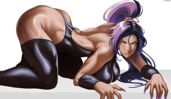 1girl all_fours artist_name ass bare_back bare_shoulders black_leotard black_thighhighs bleach bleach:_sennen_kessen-hen breasts closed_mouth dark-skinned_female dark_skin female_focus hair_ornament hanging_breasts large_breasts leotard long_hair looking_at_viewer maousr parted_bangs ponytail purple_hair shihouin_yoruichi simple_background thighhighs thighs toned toned_female variant_set white_background yellow_eyes