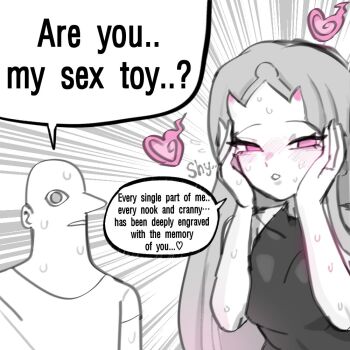 1boy 1girl english_text ghost horns long_hair monochrome monster_girl oligogi_meoggosipda pink_eyes spirit white_hair