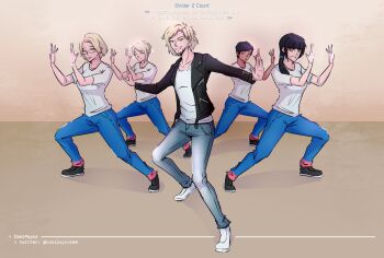 1boy 4girls ace_combat ace_combat_7 avril_mead beard black_hair black_jacket blonde_hair blue_eyes brown_eyes commentary coolpsyco cosplay count_(ace_combat_7) dancing dark-skinned_female dark_skin deanna_mconie denim english_commentary english_text facial_hair greg_chun highres huxian jacket jeans judge_eyes lost_judgment multiple_girls pants parody rosa_cossette_d&#039;elise shirt short_sleeves voice_actor_connection white_shirt yagami_takayuki yagami_takayuki_(cosplay)