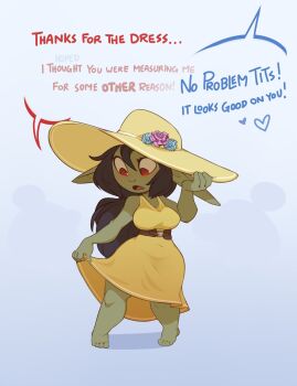 2girls black_hair breasts colored_skin dress english_text female_goblin goblin green_skin hat highres huffslove large_ears long_hair medium_breasts multiple_girls original pointy_ears red_eyes solo_focus sundress tawnya_(huffslove) trixie_(huffslove) yellow_dress yellow_hat