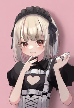 1girl belt black_dress black_headdress black_ribbon blunt_bangs blush bob_cut candy chest_harness cigarette_candy cleavage_cutout closed_mouth clothing_cutout collared_dress colored_inner_hair dress drop_shadow fangs fangs_out finger_to_mouth flat_chest food frilled_shirt_collar frills grey_hair hands_up harness heart_cutout highres holding holding_candy holding_food looking_at_viewer maid maid_headdress makaino_ririmu makaino_ririmu_(5th_costume) medium_hair multicolored_hair nijisanji no_jacket o-ring o-ring_belt o-ring_harness orion_cocoa_cigarettes pink_background pink_hair pink_streaks pointy_ears puffy_short_sleeves puffy_sleeves red_eyes ribbon short_dress short_sleeves simple_background smile solo standing streaked_hair tobun_sub two-tone_hair upper_body virtual_youtuber