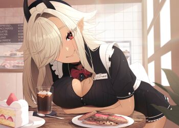 1girl absurdres black_choker black_dress black_hat black_horns bow bowtie breasts cafe cake cake_slice choker cleavage commission cookie cup dress drinking_glass food fruit grey_hair hair_over_one_eye hat highres horns indie_virtual_youtuber inuko_inudog kokoi_tuno long_hair looking_at_viewer mole mole_under_mouth name_tag plate pointy_ears red_bow red_bowtie red_eyes skeb_commission solo spoon strawberry table virtual_youtuber waitress