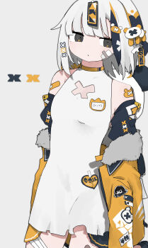 1girl absurdres bandages bandaid bandaid_hair_ornament bandaid_on_arm bandaid_on_face bandaid_on_leg bandaid_on_thigh black_eyes black_hair commentary_request crossed_bandaids dress fur-trimmed_jacket fur_trim grey_background hair_ornament highres jacket multicolored_hair nukunuku_nigirimeshi original simple_background solo sticker white_dress white_hair yellow_jacket