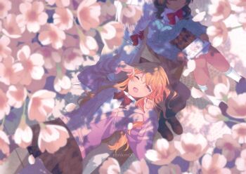 Rule 34 | 3girls, artist name, black hair, black socks, bow, bowtie, brown shoes, brown skirt, cardigan, cherry blossoms, closed mouth, collared shirt, commentary, day, eyelashes, faceless, faceless female, flower, from above, half-closed eye, happy, hashtag-only commentary, highres, lap pillow, long hair, long sleeves, looking at viewer, medium hair, miniskirt, multiple girls, one eye closed, one side up, orange hair, original, outdoors, over-kneehighs, petals, pink cardigan, pink eyes, pink flower, pleated skirt, red bow, red bowtie, reean, rubbing eyes, school uniform, shade, shirt, shoes, sidelocks, skirt, sleepy, sleeves past wrists, smile, socks, solo focus, spring (season), thighhighs, uwabaki, wavy hair, white shirt