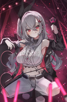 1girl :q absurdres black_bow black_jacket black_pants black_shoes bow commentary concert cropped_shirt crossed_bangs double-parted_bangs earclip full_body glowstick grey_hair haidollo hair_bow hands_up highres holding holding_microphone hololive hololive_dev_is isaki_riona jacket knee_cutout long_hair looking_at_viewer microphone navel off_shoulder one_side_up pants penlight_(glowstick) red_eyes shirt shoes sidelocks sleeveless sleeveless_shirt solo spiked_ear_piercing squatting tongue tongue_out two-tone_pants virtual_youtuber white_pants white_shirt