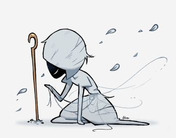 Rule 34 | 1girl, artist name, black skin, blank eyes, blinibunny, bodysuit, colored skin, commentary, english commentary, hat, highres, hollow knight, hollow knight: silksong, kneeling, lace (hollow knight), looking at hand, looking down, pin (hollow knight), solo, thread, white bodysuit, white eyes, white hat, white petals