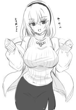 Rule 34 | 1girl, bare shoulders, breasts, cosplay, fang, greyscale, higurashi no naku koro ni, houjou satoko, large breasts, looking at viewer, medium hair, monochrome, open mouth, ribbon, skin fang, skirt, sleeveless, sleeveless turtleneck, smile, solo, sonozaki shion, sonozaki shion (cosplay), sweater, translation request, turtleneck, turtleneck sweater, yuno ff