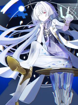 1girl absurdres closed_mouth colored_eyelashes commentary crossed_legs dress grey_hair hair_over_one_eye halo hands_up highres holographic_interface id_card jacket long_hair looking_ahead mornye_(wuthering_waves) purple_dress red_eyes see-through_body solo tacet_mark_(wuthering_waves) very_long_hair white_jacket wuthering_waves zinuzinuman2