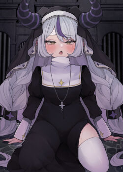 1girl absurdres alternate_costume alternate_hairstyle black_dress black_horns black_veil blush braid braided_bangs braided_twintails breasts commentary_request covered_navel cross cross_necklace dress fang grey_hair guimpe highres hololive horns jewelry juliet_sleeves la+_darknesss long_hair long_sleeves looking_at_viewer multicolored_hair necklace nemuta_muu nun nun_headdress open_mouth pointy_ears puffy_sleeves purple_streaks raised_inner_eyebrows ringed_eyes side_slit silver_necklace single_hair_streak sitting sleeve_cuffs small_breasts solo streaked_hair striped_horns sweat thighhighs twin_braids veil very_long_hair very_sweaty virtual_youtuber wariza white_thighhighs yellow_eyes