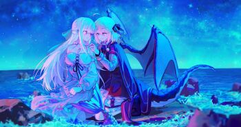 2girls ahoge anisphia_wynn_palettia aqua_eyes black_cape black_ribbon blonde_hair blue_ribbon blush breasts cape chinese_commentary commentary_request commission dragon_girl dragon_tail dragon_wings dress euphyllia_magenta hair_ribbon jewelry kneeling large_breasts long_sleeves medium_hair mermaid monster_girl monsterification multiple_girls necklace night ocean outdoors purple_eyes ribbon rock second-party_source smile star_(sky) tail tensei_oujo_to_tensai_reijou_no_mahou_kakumei white_dress white_hair wings ydpfa yuri