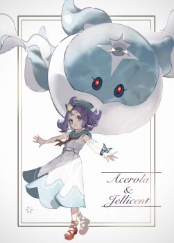 Rule 34 | 1girl, acerola (pokemon), acerola (summer 2024) (pokemon), blue hat, character name, closed mouth, dress, full body, gen 5 pokemon, hat, highres, jellicent, jellicent (male), looking at viewer, nintendo, official alternate costume, pokemon, pokemon (creature), pokemon masters ex, purple eyes, purple hair, red footwear, sailor dress, sailor hat, short hair, sleeveless, sleeveless dress, sora no87, white dress