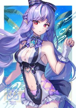 1girl animal_print bare_shoulders beach black_bow blue_sky blush border bow bowtie breasts butterfly_print clothing_cutout commentary_request drill_hair drill_sidelocks frilled_one-piece_swimsuit frilled_wrist_cuffs frills hair_bow hand_up heart_cutout highres horizon kozou_kazaru long_hair looking_to_the_side medium_breasts mole mole_under_eye navel ocean official_alternate_costume one-piece_swimsuit outdoors palm_tree parted_lips pink_bow pointy_ears purple_bow purple_bowtie purple_hair purple_nails red_eyes sand see-through_clothes sidelocks sky solo sparkle splashing stomach_cutout swimsuit tree two-tone_one-piece_swimsuit upper_body vivian_banshee vivian_banshee_(iris_of_the_shore) water white_border white_one-piece_swimsuit wrist_cuffs zenless_zone_zero