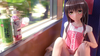1girl 3d black_hair blush bottle bow bow_panties brown_eyes dress drink female_focus hand_on_own_knee loli long_hair looking_at_viewer mm-star panties pink_bow pink_dress polka_dot polka_dot_dress puffy_sleeves shirt short_sleeves sitting sleeveless sleeveless_dress smile socks solo spread_legs thighs to_love-ru train train_interior underwear upskirt white_panties white_shirt window yuuki_mikan