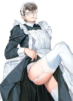 1boy absurdres alternate_costume amaguni_hitoya apron black-framed_eyewear black_dress cheekbones cigarette clothes_lift contrast_collar crossdressing crossdressing_(mtf) doshi0810 dress dress_lift enmaided facial_hair feet_out_of_frame frilled_apron frills from_below garter_straps glasses goatee_stubble grey_hair highres hypnosis_mic lace lace-trimmed_thighhighs lace_panties lace_trim leg_hair leg_up light_smile long_dress looking_at_viewer maid maid_apron maid_headdress male_focus male_maid mature_male mole mole_on_thigh mole_under_eye mouth_hold panties pompadour short_hair simple_background skindentation sleeve_cuffs smoking solo stubble tareme thighhighs underwear v-shaped_eyebrows white_apron white_background white_eyes white_garter_straps white_headdress white_thighhighs