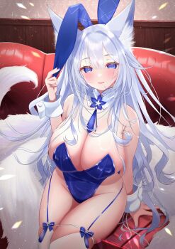 1girl animal_ears azur_lane blue_eyes blue_garter_straps blue_leotard blue_nails breasts cleavage collar commentary_request fake_animal_ears fox_ears fox_girl fox_tail hair_between_eyes highres huge_breasts indoors kitsune kyuubi large_tail leotard long_hair looking_at_viewer multiple_tails nail_polish official_alternate_costume playboy_bunny rabbit_ears shinano_(azur_lane) shinano_(visions_of_fantasy)_(azur_lane) sitting solo tail thighhighs tsuri_pi undersized_breast_cup very_long_hair white_collar white_hair white_tail white_thighhighs white_wrist_cuffs wrist_cuffs