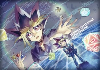 2boys black_shirt blue_jacket blue_pants choker collared_shirt d10_(die) d12_(die) d20_(die) d4_(die) dated dice dual_persona fushitasu happy_birthday holding holding_dice icosahedron jacket male_focus millennium_puzzle mini_person miniboy multiple_boys muto_yugi open_mouth outstretched_arm pants polyhedral_dice purple_shirt red_eyes shirt spiked_hair yu-gi-oh! yu-gi-oh!_duel_monsters