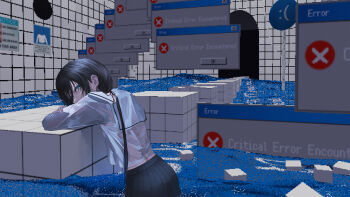1girl absurdres aqua_eyes black_hair black_skirt commentary cube dedemaru emoticon english_commentary english_text error_message from_behind glitch hair_ribbon head_rest highres long_sleeves looking_at_viewer looking_back low_poly low_ponytail original pixelated ponytail red_ribbon ribbon sailor_collar shirt skirt solo surreal wading water wet wet_clothes wet_shirt white_sailor_collar white_shirt