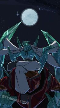 Rule 34 | 1boy, absurdres, alien, arm over shoulder, ben 10, ben tennyson, commentary, crystal skin, diamondhead, full moon, green eyes, highres, jacket, moon, omnitrix, open clothes, open jacket, robot, sitting, trashbag1024, white jacket