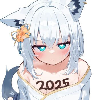 1girl 2025 absurdres ahoge animal_ear_piercing animal_ears bare_shoulders blue_eyes blush body_writing braid breasts cleavage commentary deaver double-parted_bangs embarrassed fox_ears fox_girl fox_tail grey_hair hair_between_eyes heart heart-shaped_pupils highres hololive japanese_clothes kimono long_hair looking_at_viewer medium_breasts off_shoulder official_alternate_costume pentagram shirakami_fubuki shirakami_fubuki_(new_year) side_braid sidelocks simple_background solo symbol-only_commentary symbol-shaped_pupils tail upper_body virtual_youtuber white_background white_kimono