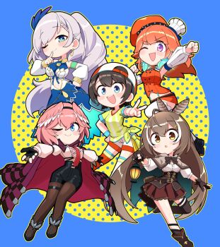 5girls :o ahoge arm_up asymmetrical_legwear backwards_hat baseball_cap black_gloves black_hair black_hairband blue_eyes bow bow_choker braid breasts brown_capelet brown_eyes brown_gloves brown_hair brown_skirt capelet chef_hat choker cleavage closed_mouth detached_sleeves dress earrings feather_earrings feather_hair_ornament feathers finger_to_mouth fingerless_gloves gloves green_capelet green_choker green_eyes green_shirt grey_hair hair_between_eyes hair_ornament hairband hairclip hand_up hat head_wings high-low_dress high-waist_shorts highres hololive hololive_english hololive_indonesia holotori jb_jagbung jewelry laces leather_shorts light_blush long_hair long_sleeves looking_at_viewer megaphone mini_chef_hat miniskirt mismatched_legwear mismatched_thighhighs multiple_girls multiple_hats nanashi_mumei nanashi_mumei_(1st_costume) navel necktie one_eye_closed oozora_subaru oozora_subaru_(1st_costume) open_mouth orange_hair orange_hat orange_skirt pantyhose pantyhose_under_shorts pavolia_reine pavolia_reine_(1st_costume) pink_hair pink_wings puffy_long_sleeves puffy_sleeves purple_eyes red_hat red_necktie red_shorts red_thighhighs shirt short_hair short_sleeves shorts single_thighhigh skirt smile striped_clothes striped_shirt sweatband swept_bangs t-shirt takanashi_kiara takanashi_kiara_(1st_costume) takane_lui takane_lui_(1st_costume) thighhighs tied_shirt towel two-tone_capelet two-tone_hat two-tone_shirt two-tone_shorts underbust v vertical-striped_clothes vertical-striped_shirt very_long_hair virtual_youtuber white_hat white_shirt white_shorts white_thighhighs wings wristband