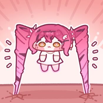 1girl absurdly_long_hair barefoot blush_stickers character_request chibi chibi_only closed_mouth commentary_request crack crossed_bangs double-parted_bangs drill_hair full_body gradient_background heart heart-shaped_pupils korean_commentary long_hair monyami notice_lines outline pink_background pink_hair shirt short_sleeves solo standing symbol-shaped_pupils trickcal twin_drills very_long_hair white_outline white_shirt yellow_eyes
