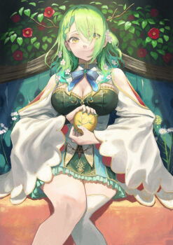 1girl absurdres antlers apple asymmetrical_bangs blue_bow blue_bowtie bow bowtie braid braided_bangs breasts bridal_gauntlets ceres_fauna ceres_fauna_(1st_costume) closed_mouth clothing_cutout commentary detached_collar dozamon_(doze_amon) dress english_commentary feet_out_of_frame flower food frilled_skirt frills fruit golden_apple gradient_hair green_bridal_gauntlets green_dress green_hair hair_flower hair_ornament hair_over_one_eye highres hololive hololive_english horns knees_together_feet_apart large_breasts layered_dress long_bangs long_hair long_sleeves looking_at_viewer multicolored_hair no_mole one_side_up short_dress shoulder_cutout single_bridal_gauntlet single_thighhigh sitting skirt skirt_under_dress smile solo strapless strapless_dress streaked_hair thighhighs underbust virtual_youtuber white_dress white_thighhighs wide_sleeves yellow_eyes