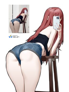1girl absurdres artist_name ass ass_focus bar_stool bent_over black_tank_top cellphone chainsaw_man denim denim_shorts highres holding holding_phone iphone long_hair makima_(chainsaw_man) nisp_art phone photo_inset red_hair reference_inset selfie short_shorts shorts simple_background smartphone solo stool strap_slip tank_top white_background