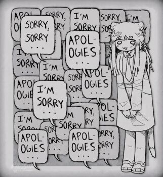 1girl :3 alleesaur animal_ears animated animated_gif apologizing blinking blush commentary english_commentary english_text full_body greyscale jacket long_hair looking_to_the_side monochrome necktie open_mouth original pants shoes signature skirt sleeves_past_wrists solo speech_bubble tail