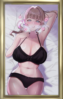 1girl :q absurdres arm_behind_head bed_sheet black_bra black_panties blue_eyes blush bow bow_bra bow_panties bra breasts brown_hair cleavage commentary_request from_above hair_ornament hair_scrunchie half-closed_eyes halterneck heart highres huge_breasts licking_lips medium_hair mochizuki_honami navel on_bed panties picture_frame pillow project_sekai rarara_alice scrunchie side_ponytail solo thigh_gap tongue tongue_out underwear underwear_only